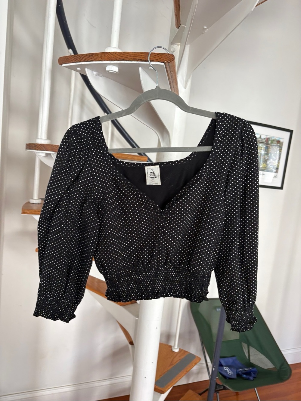 Free People Black Polka Dot Smocked Crop Top